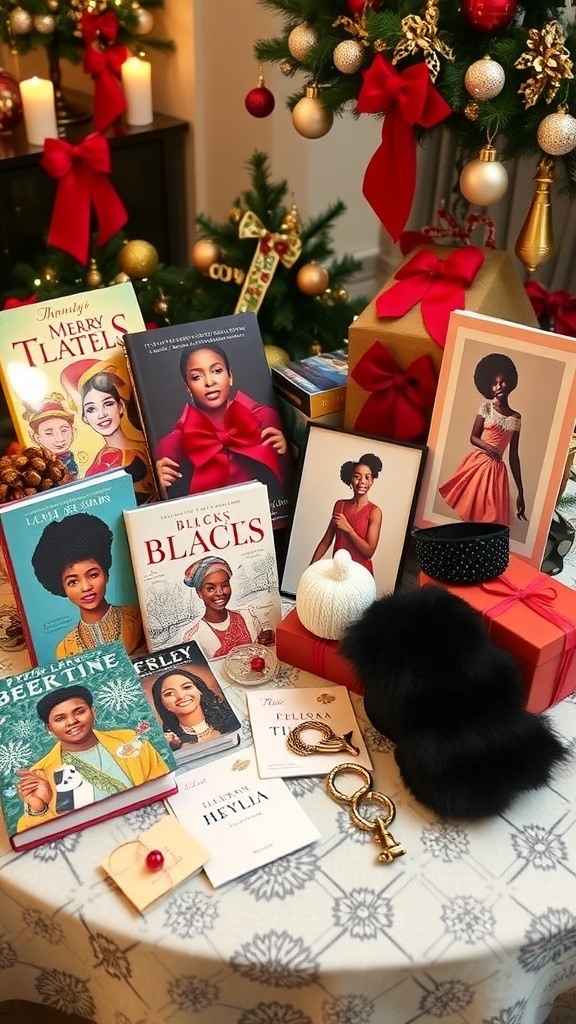 A festive display of Christmas gifts celebrating Black culture with books, art, and fashion items.